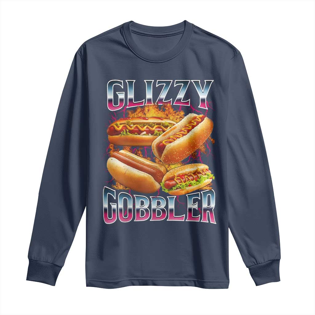 Glizzy Gobbler Long Sleeve Shirt Vintage Hot Dog Meme Funny Foodie Gen Z TS10 Navy Print Your Wear