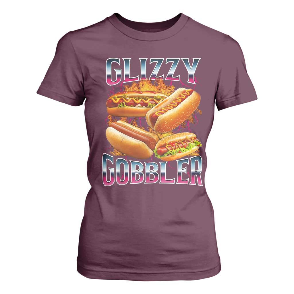 Glizzy Gobbler T Shirt For Women Vintage Hot Dog Meme Funny Foodie Gen Z TS10 Maroon Print Your Wear