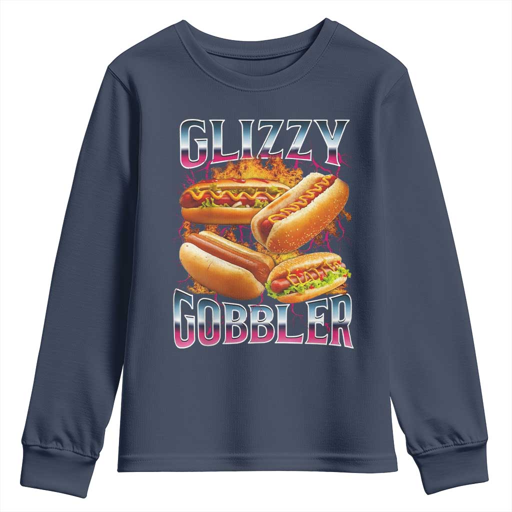 Glizzy Gobbler Youth Sweatshirt Vintage Hot Dog Meme Funny Foodie Gen Z TS10 Navy Print Your Wear