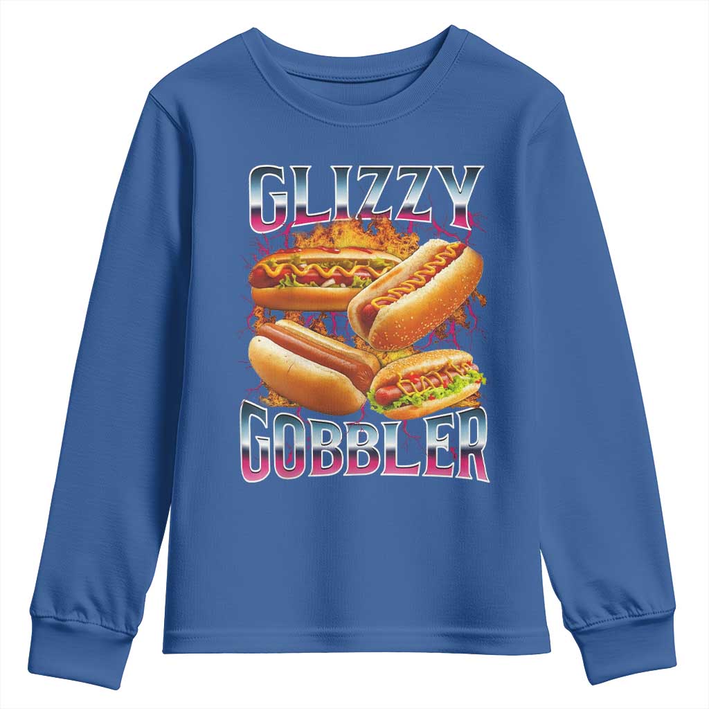 Glizzy Gobbler Youth Sweatshirt Vintage Hot Dog Meme Funny Foodie Gen Z TS10 Royal Blue Print Your Wear