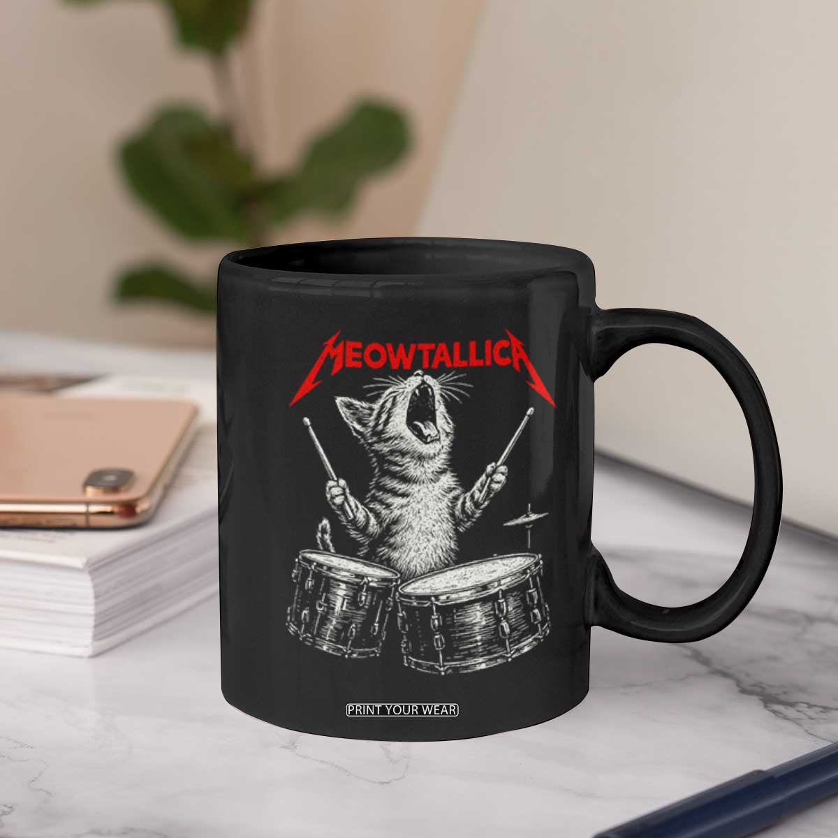 Rock On Vintage Drummer Cat Coffee Mug Vintage 90s 80s Band Style Gift for Cat Owners TS10 Print Your Wear
