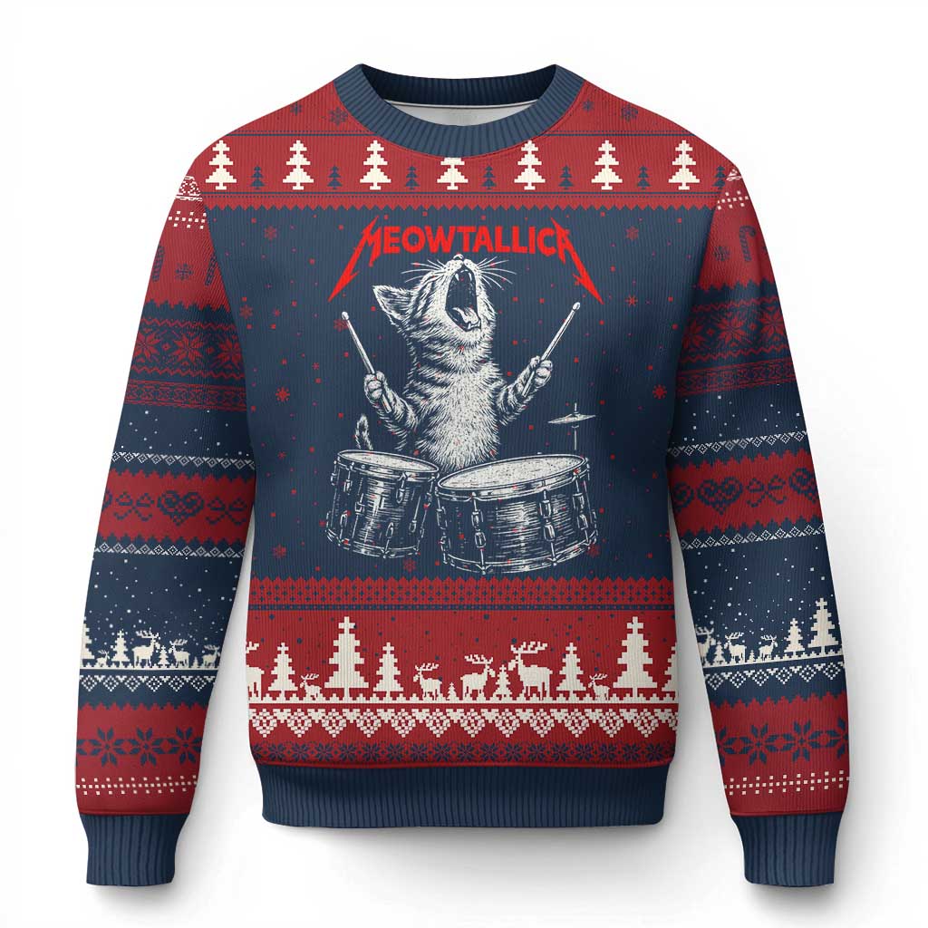 Rock On Vintage Drummer Cat Ugly Christmas Sweater Vintage 90s 80s Band Style Gift for Cat Owners TS10 Navy Red Print Your Wear