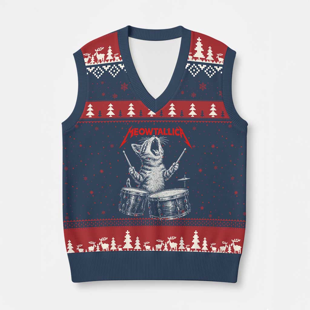 Rock On Vintage Drummer Cat V-Neck Knit Sweater Vest Vintage 90s 80s Band Style Gift for Cat Owners TS10 Navy Red Print Your Wear