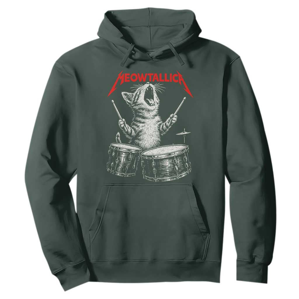Rock On Vintage Drummer Cat Hoodie Vintage 90s 80s Band Style Gift for Cat Owners TS10 Dark Forest Green Print Your Wear