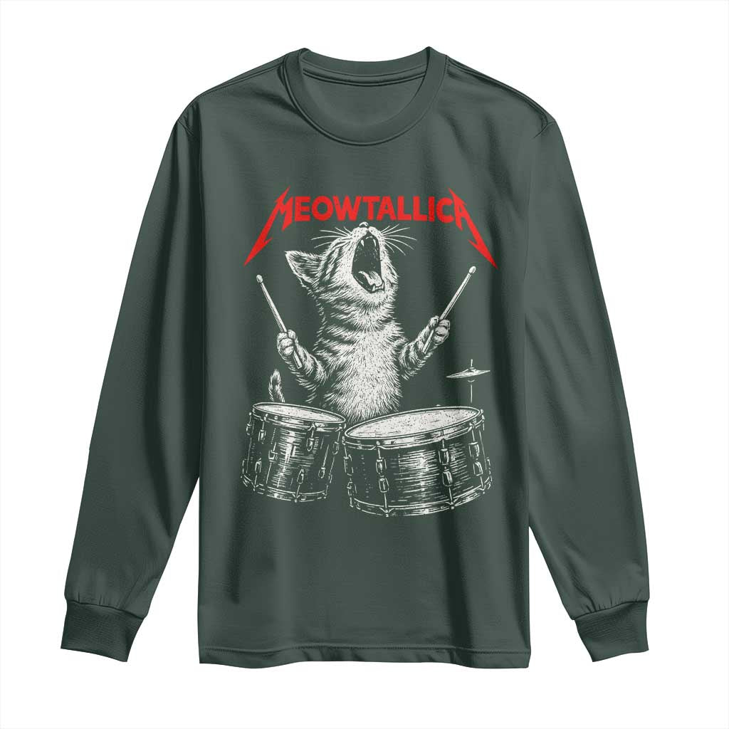 Rock On Vintage Drummer Cat Long Sleeve Shirt Vintage 90s 80s Band Style Gift for Cat Owners TS10 Dark Forest Green Print Your Wear