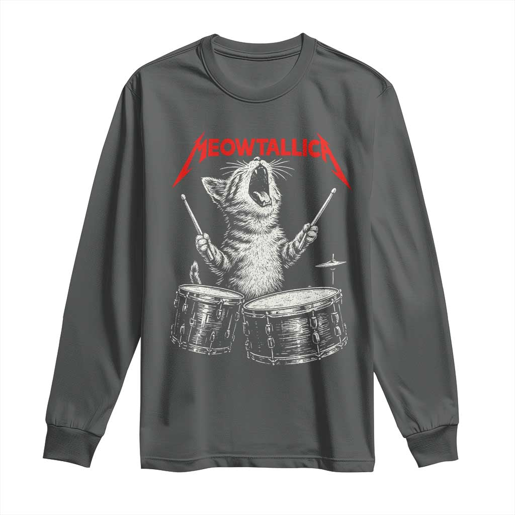 Rock On Vintage Drummer Cat Long Sleeve Shirt Vintage 90s 80s Band Style Gift for Cat Owners TS10 Dark Heather Print Your Wear