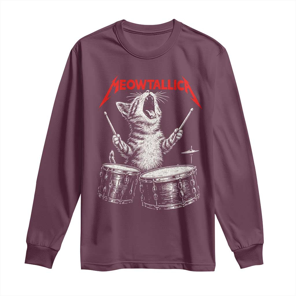 Rock On Vintage Drummer Cat Long Sleeve Shirt Vintage 90s 80s Band Style Gift for Cat Owners TS10 Maroon Print Your Wear