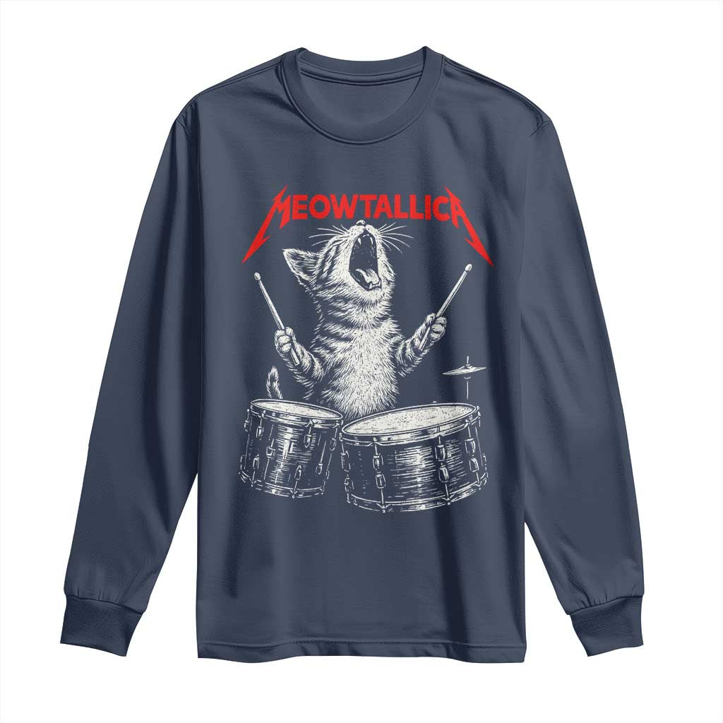 Rock On Vintage Drummer Cat Long Sleeve Shirt Vintage 90s 80s Band Style Gift for Cat Owners TS10 Navy Print Your Wear