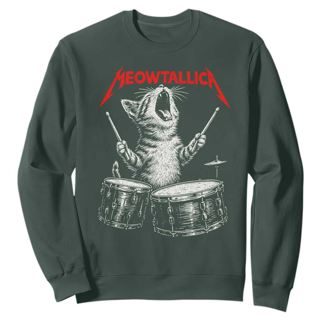 Rock On Vintage Drummer Cat Sweatshirt Vintage 90s 80s Band Style Gift for Cat Owners TS10 Dark Forest Green Print Your Wear