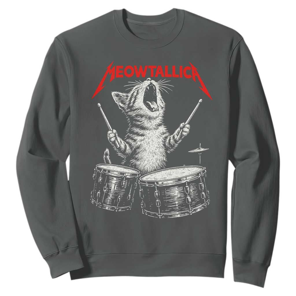 Rock On Vintage Drummer Cat Sweatshirt Vintage 90s 80s Band Style Gift for Cat Owners TS10 Dark Heather Print Your Wear