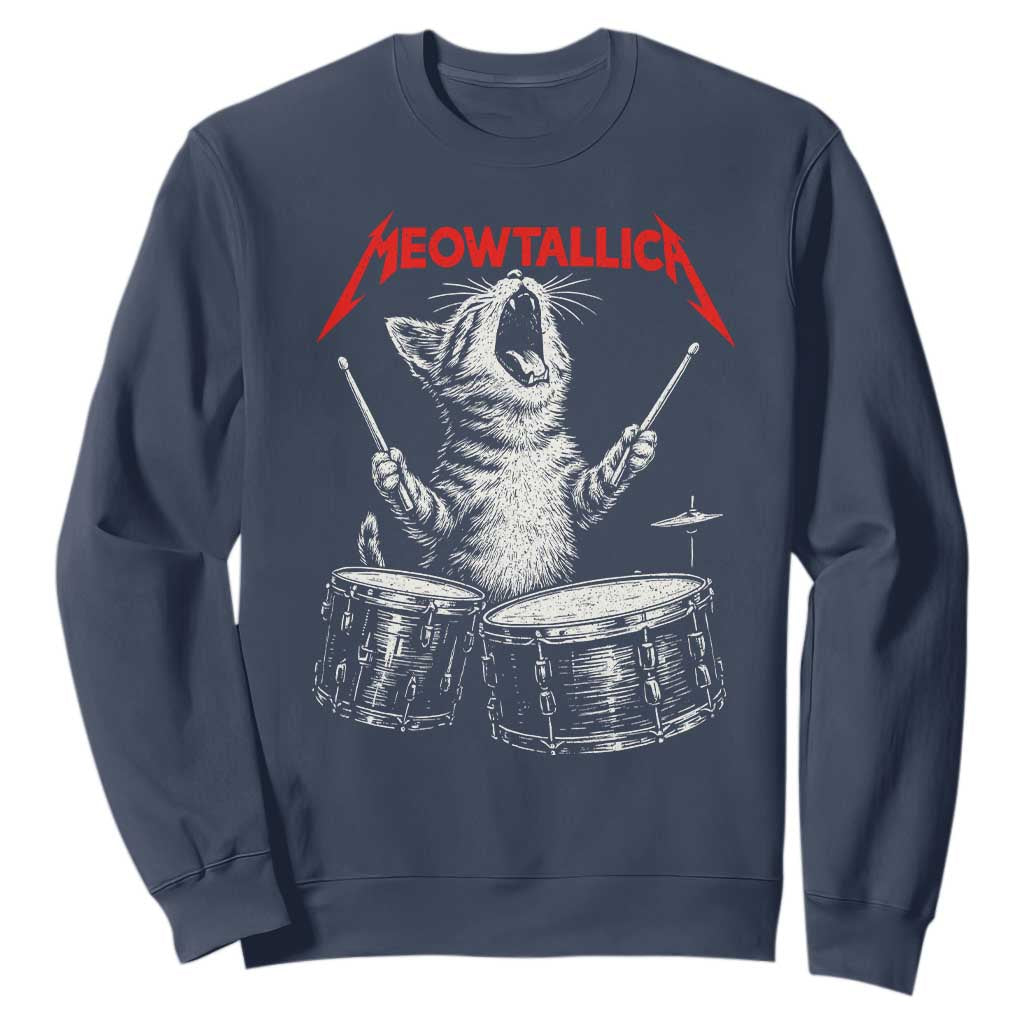 Rock On Vintage Drummer Cat Sweatshirt Vintage 90s 80s Band Style Gift for Cat Owners TS10 Navy Print Your Wear