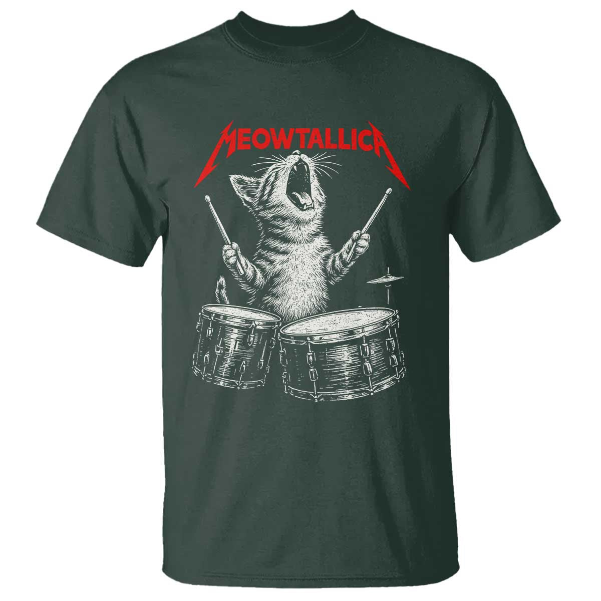 Rock On Vintage Drummer Cat T Shirt Vintage 90s 80s Band Style Gift for Cat Owners TS10 Dark Forest Green Print Your Wear