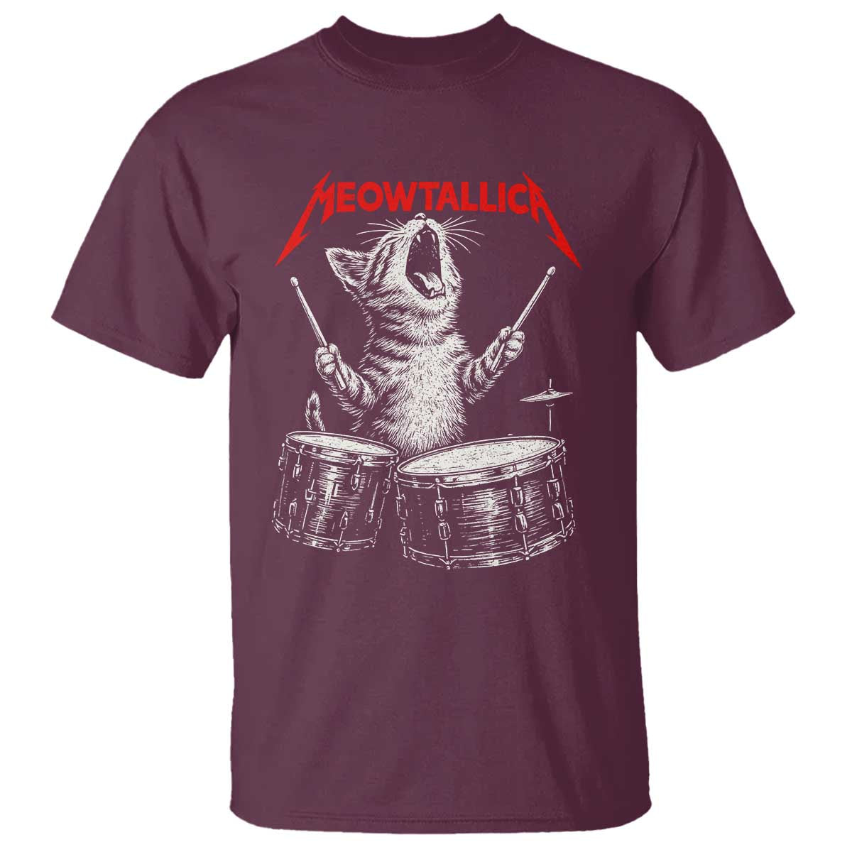 Rock On Vintage Drummer Cat T Shirt Vintage 90s 80s Band Style Gift for Cat Owners TS10 Maroon Print Your Wear