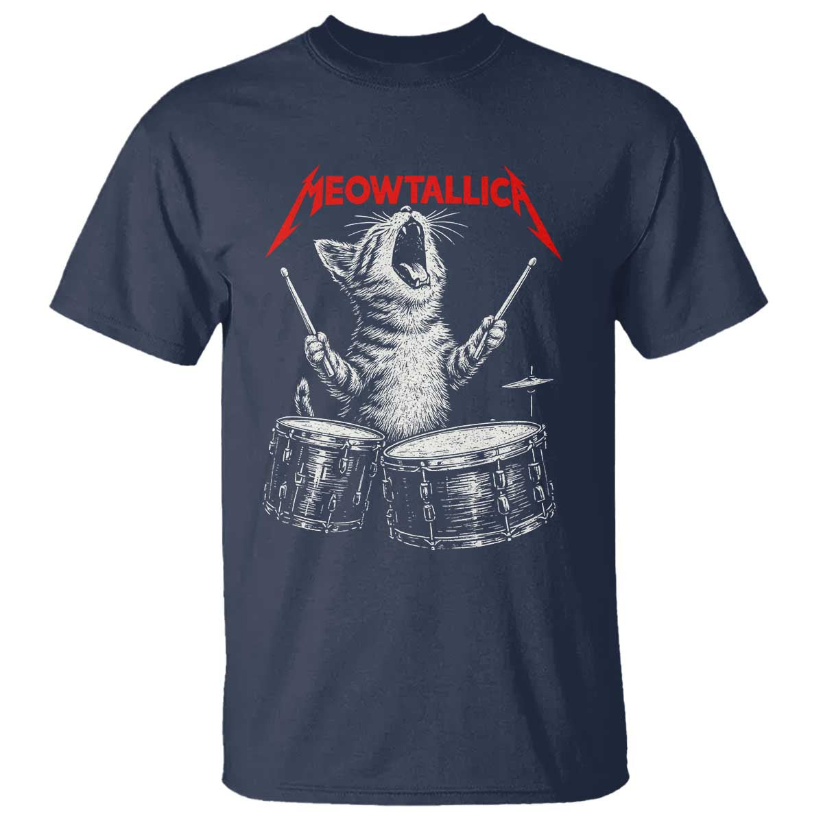 Rock On Vintage Drummer Cat T Shirt Vintage 90s 80s Band Style Gift for Cat Owners TS10 Navy Print Your Wear