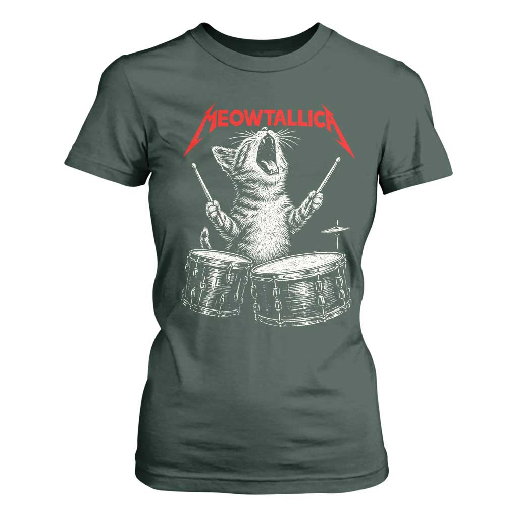 Rock On Vintage Drummer Cat T Shirt For Women Vintage 90s 80s Band Style Gift for Cat Owners TS10 Dark Forest Green Print Your Wear