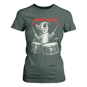 Rock On Vintage Drummer Cat T Shirt For Women Vintage 90s 80s Band Style Gift for Cat Owners TS10 Dark Forest Green Print Your Wear
