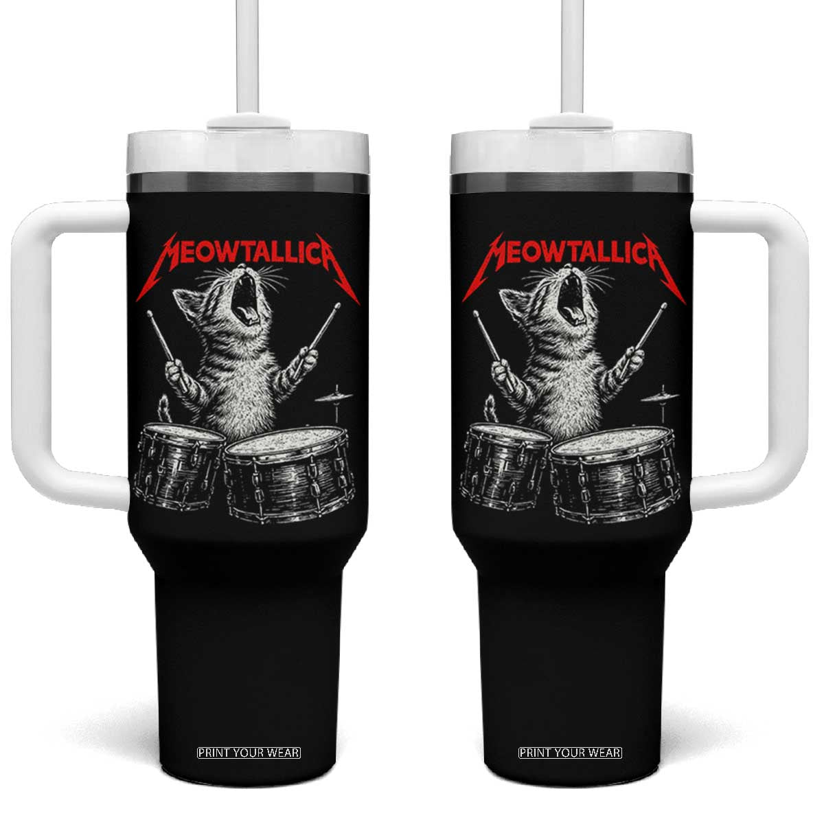 Rock On Vintage Drummer Cat Tumbler With Handle Vintage 90s 80s Band Style Gift for Cat Owners TS10 One Size: 40 oz Black Print Your Wear