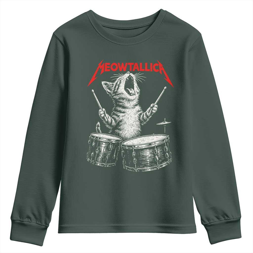 Rock On Vintage Drummer Cat Youth Sweatshirt Vintage 90s 80s Band Style Gift for Cat Owners TS10 Dark Forest Green Print Your Wear