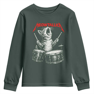 Rock On Vintage Drummer Cat Youth Sweatshirt Vintage 90s 80s Band Style Gift for Cat Owners TS10 Dark Forest Green Print Your Wear