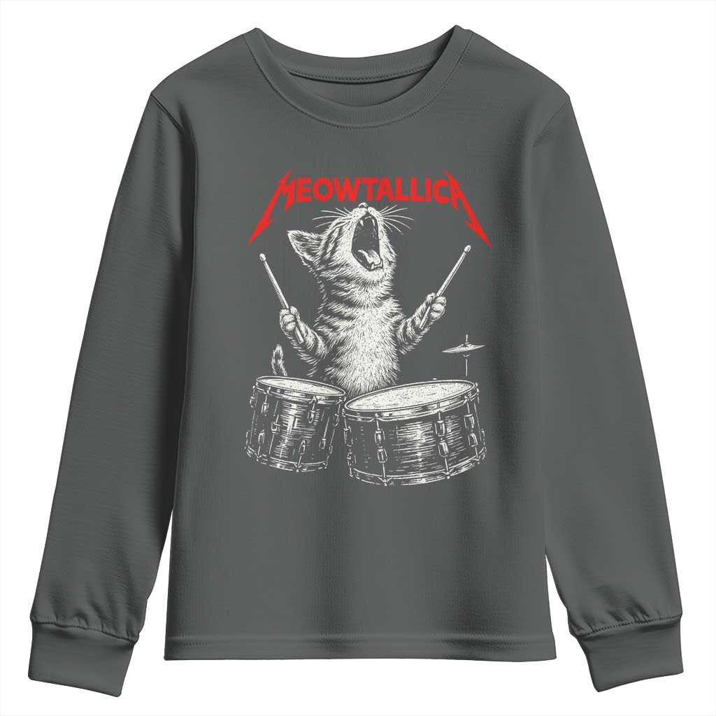 Rock On Vintage Drummer Cat Youth Sweatshirt Vintage 90s 80s Band Style Gift for Cat Owners TS10 Dark Heather Print Your Wear