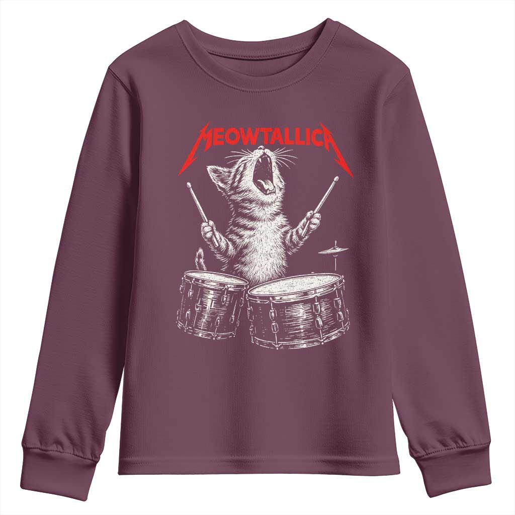 Rock On Vintage Drummer Cat Youth Sweatshirt Vintage 90s 80s Band Style Gift for Cat Owners TS10 Maroon Print Your Wear