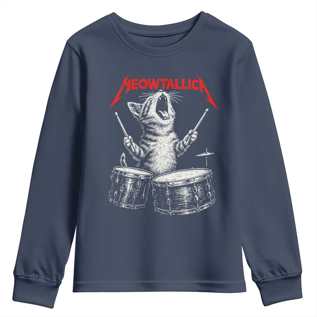 Rock On Vintage Drummer Cat Youth Sweatshirt Vintage 90s 80s Band Style Gift for Cat Owners TS10 Navy Print Your Wear
