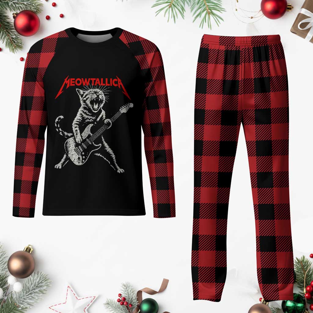 Funny Cat Playing Guitar Plaid Pajama Set Vintage 90s Classic Rock Star Cat Graphic Rock and Roll TS10 Buffalo Plaid Print Your Wear