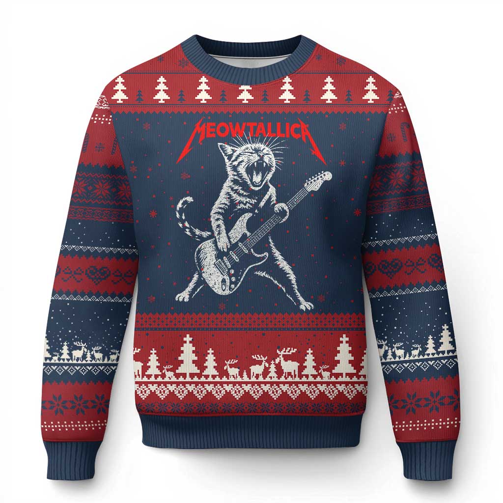 Funny Cat Playing Guitar Ugly Christmas Sweater Vintage 90s Classic Rock Star Cat Graphic Rock and Roll TS10 Navy Red Print Your Wear