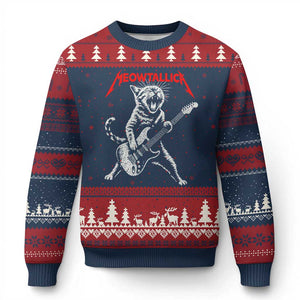 Funny Cat Playing Guitar Ugly Christmas Sweater Vintage 90s Classic Rock Star Cat Graphic Rock and Roll TS10 Navy Red Print Your Wear