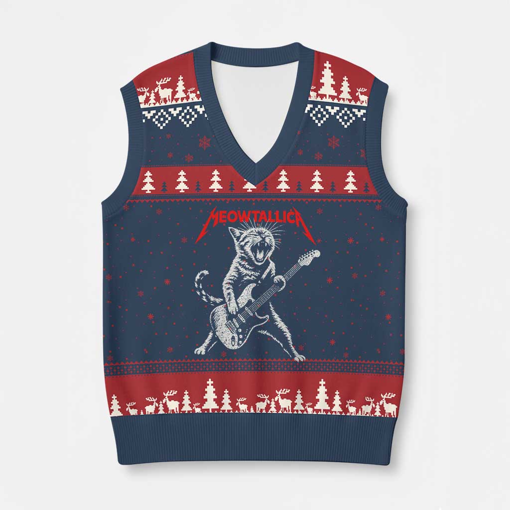Funny Cat Playing Guitar V-Neck Knit Sweater Vest Vintage 90s Classic Rock Star Cat Graphic Rock and Roll TS10 Navy Red Print Your Wear