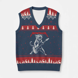 Funny Cat Playing Guitar V-Neck Knit Sweater Vest Vintage 90s Classic Rock Star Cat Graphic Rock and Roll TS10 Navy Red Print Your Wear