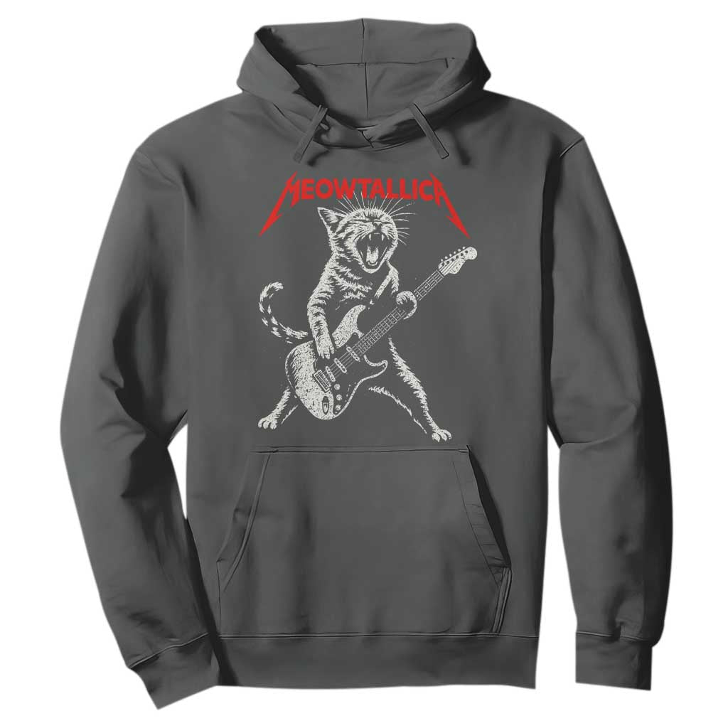 Funny Cat Playing Guitar Hoodie Vintage 90s Classic Rock Star Cat Graphic Rock and Roll TS10 Dark Heather Print Your Wear