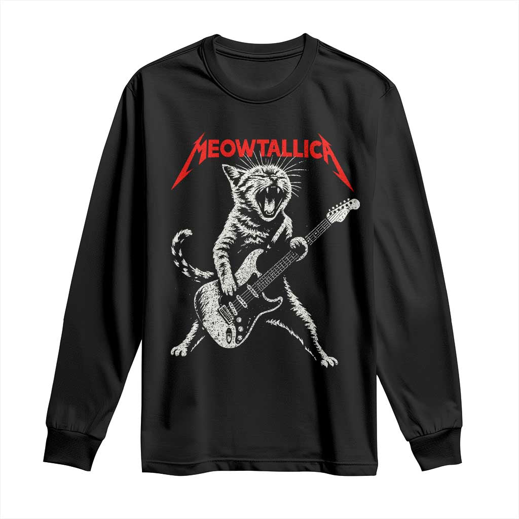 Funny Cat Playing Guitar Long Sleeve Shirt Vintage 90s Classic Rock Star Cat Graphic Rock and Roll TS10 Black Print Your Wear