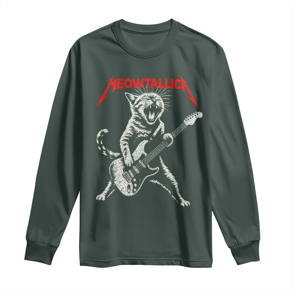 Funny Cat Playing Guitar Long Sleeve Shirt Vintage 90s Classic Rock Star Cat Graphic Rock and Roll TS10 Dark Forest Green Print Your Wear