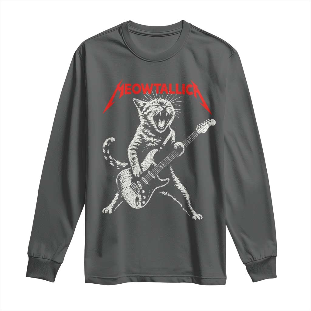 Funny Cat Playing Guitar Long Sleeve Shirt Vintage 90s Classic Rock Star Cat Graphic Rock and Roll TS10 Dark Heather Print Your Wear