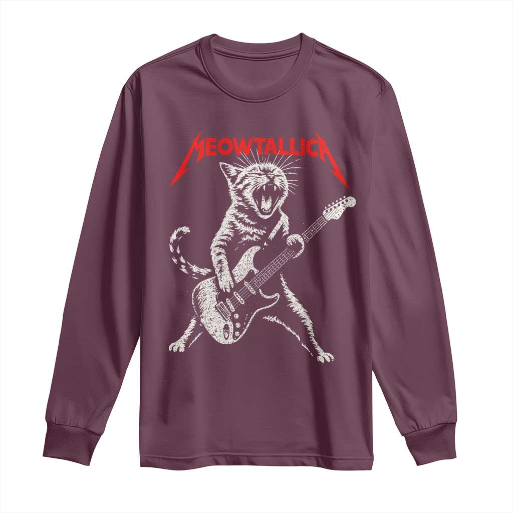 Funny Cat Playing Guitar Long Sleeve Shirt Vintage 90s Classic Rock Star Cat Graphic Rock and Roll TS10 Maroon Print Your Wear