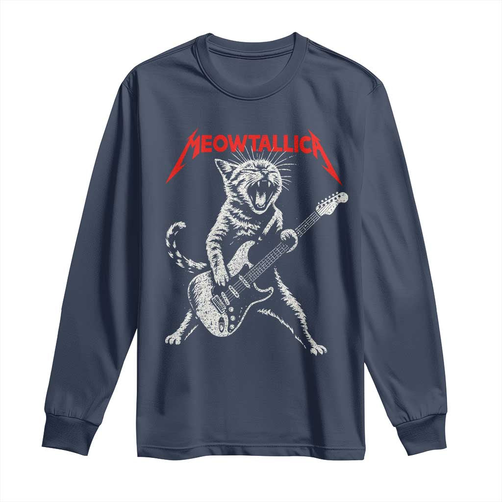 Funny Cat Playing Guitar Long Sleeve Shirt Vintage 90s Classic Rock Star Cat Graphic Rock and Roll TS10 Navy Print Your Wear