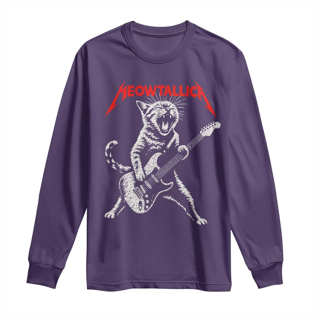 Funny Cat Playing Guitar Long Sleeve Shirt Vintage 90s Classic Rock Star Cat Graphic Rock and Roll TS10 Purple Print Your Wear