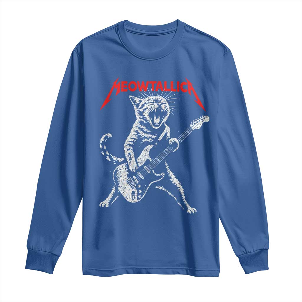 Funny Cat Playing Guitar Long Sleeve Shirt Vintage 90s Classic Rock Star Cat Graphic Rock and Roll TS10 Royal Blue Print Your Wear