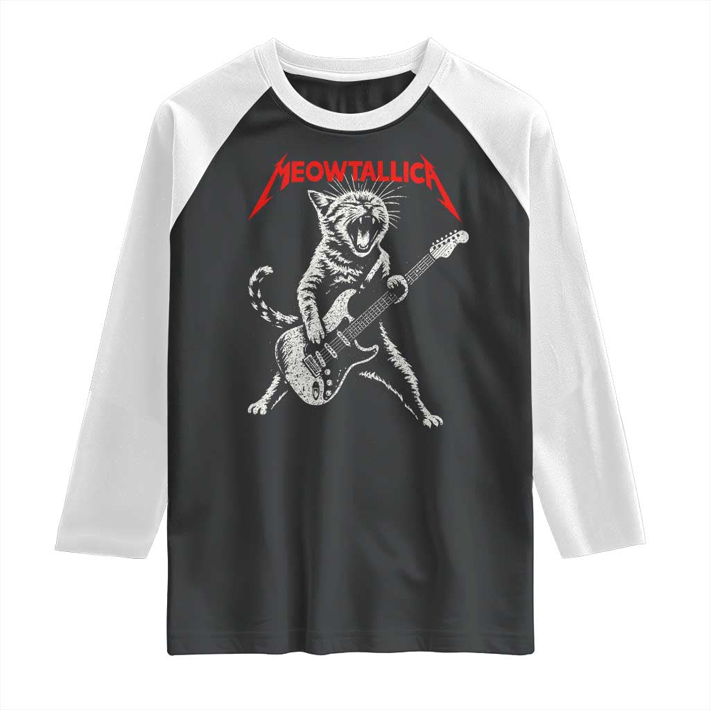 Funny Cat Playing Guitar Raglan Shirt Vintage 90s Classic Rock Star Cat Graphic Rock and Roll TS10 Black White Print Your Wear