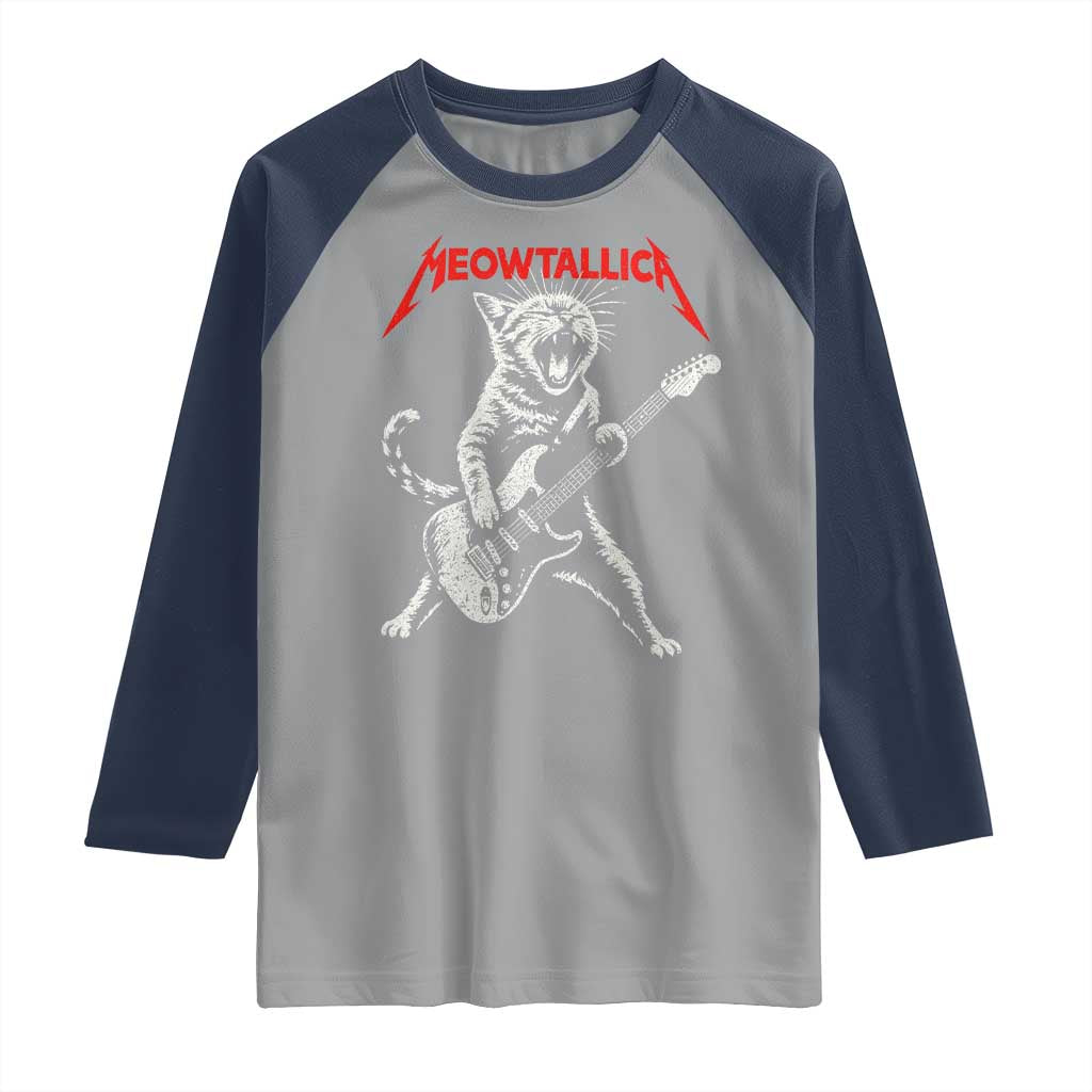 Funny Cat Playing Guitar Raglan Shirt Vintage 90s Classic Rock Star Cat Graphic Rock and Roll TS10 Sport Gray Navy Print Your Wear