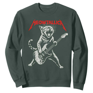 Funny Cat Playing Guitar Sweatshirt Vintage 90s Classic Rock Star Cat Graphic Rock and Roll TS10 Dark Forest Green Print Your Wear