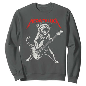Funny Cat Playing Guitar Sweatshirt Vintage 90s Classic Rock Star Cat Graphic Rock and Roll TS10 Dark Heather Print Your Wear