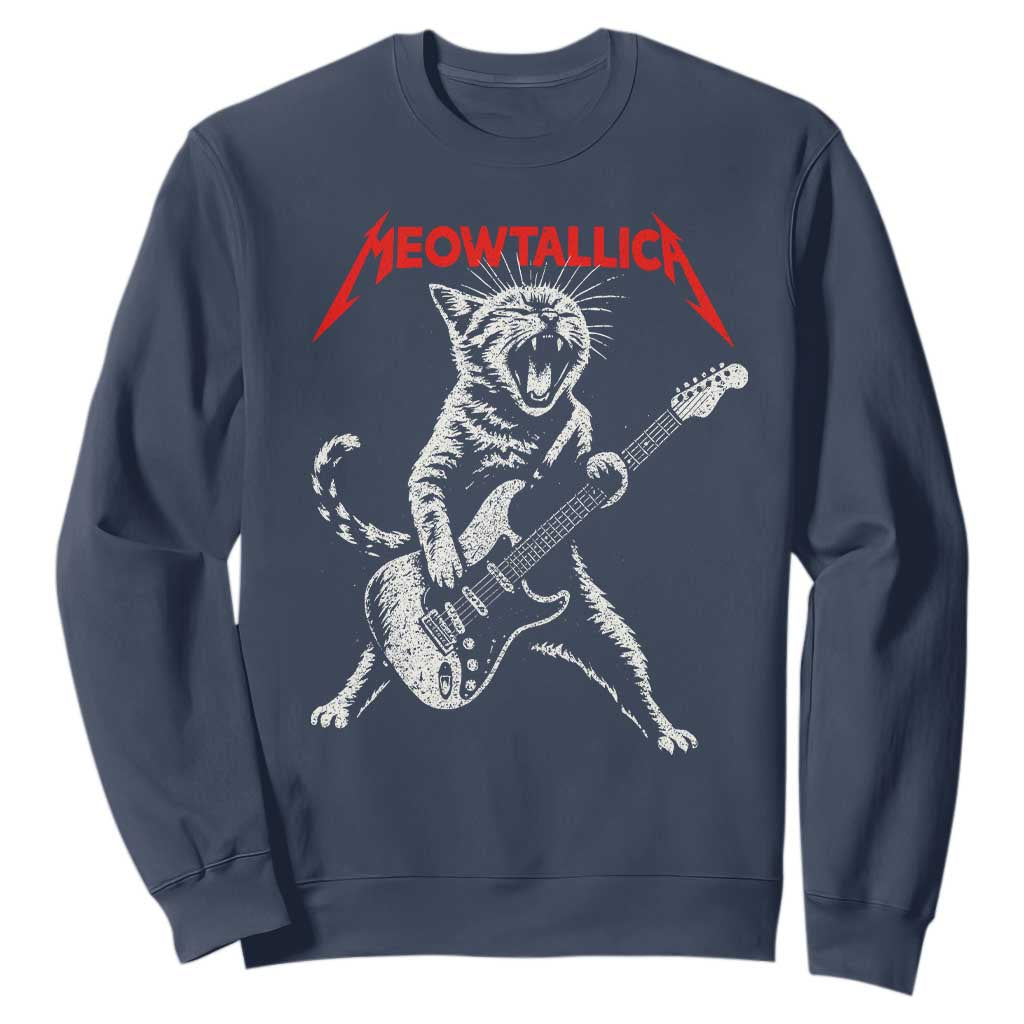 Funny Cat Playing Guitar Sweatshirt Vintage 90s Classic Rock Star Cat Graphic Rock and Roll TS10 Navy Print Your Wear
