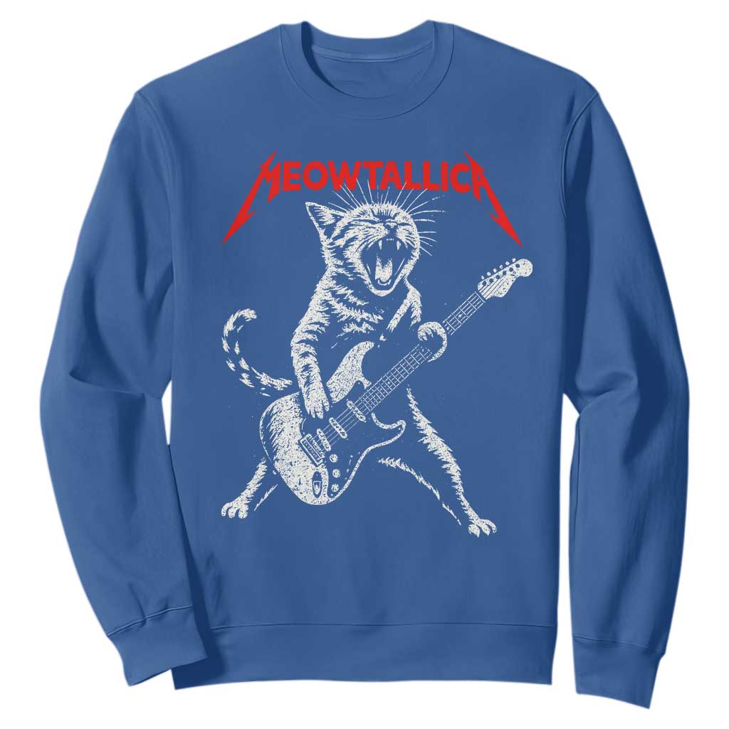Funny Cat Playing Guitar Sweatshirt Vintage 90s Classic Rock Star Cat Graphic Rock and Roll TS10 Royal Blue Print Your Wear