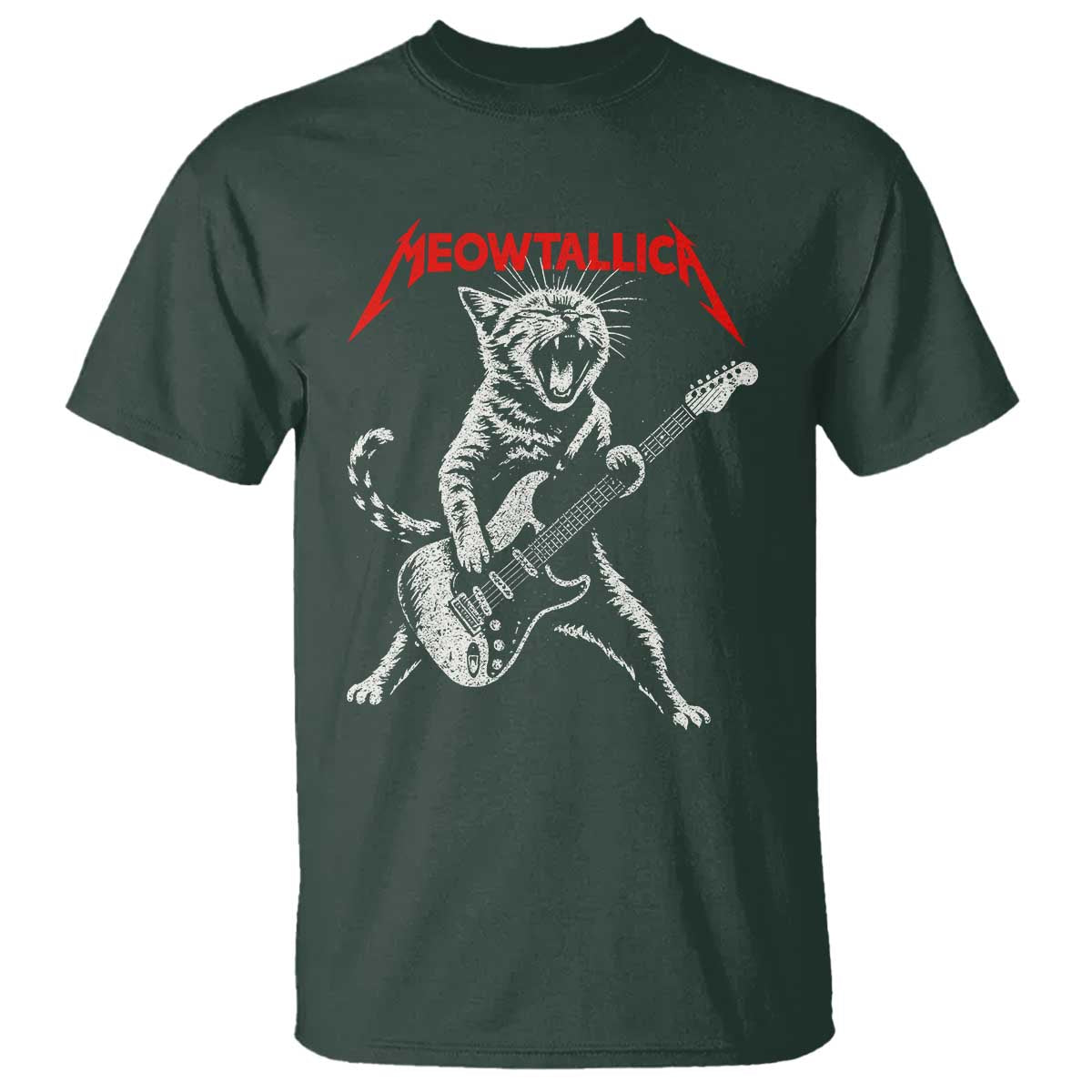Funny Cat Playing Guitar T Shirt Vintage 90s Classic Rock Star Cat Graphic Rock and Roll TS10 Dark Forest Green Print Your Wear