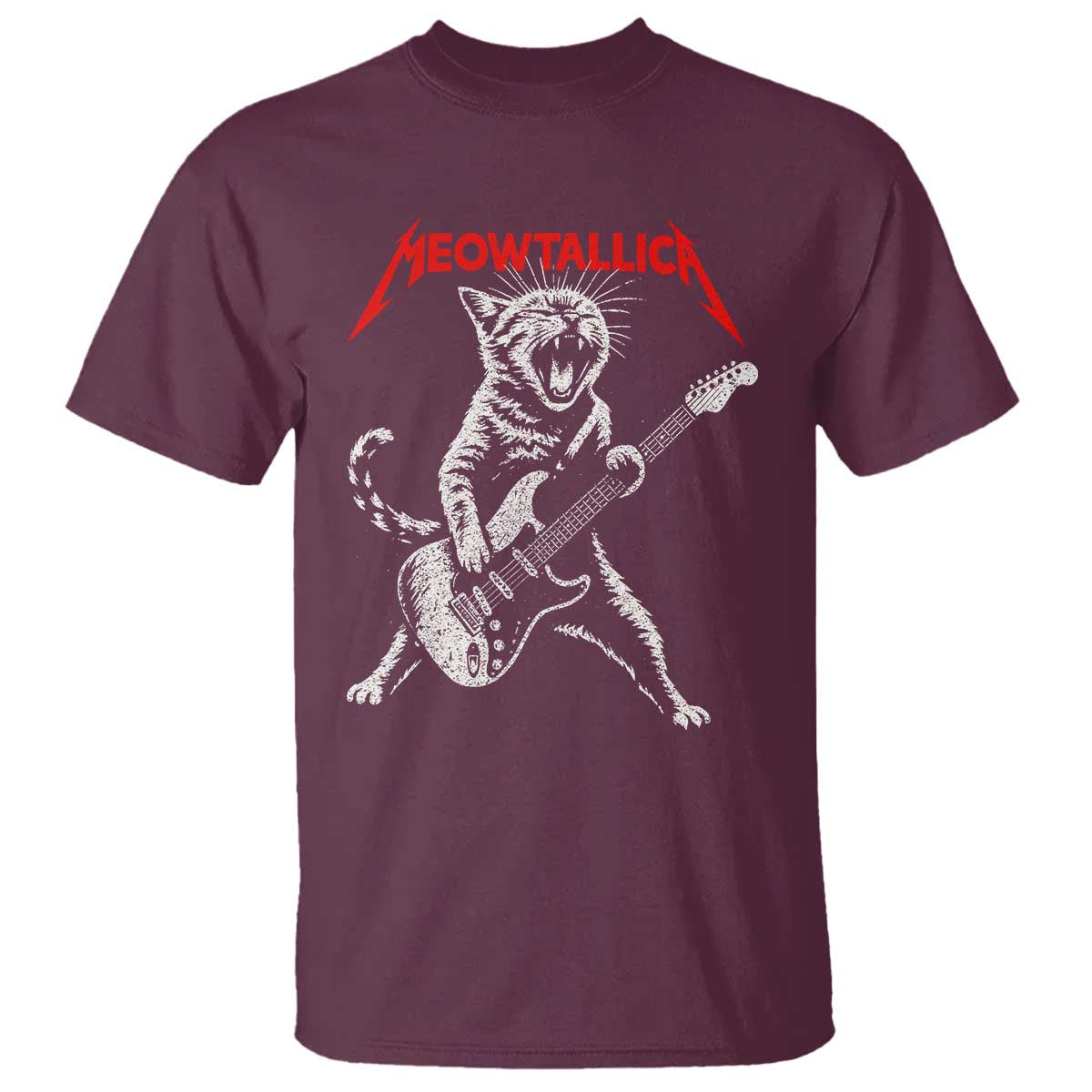Funny Cat Playing Guitar T Shirt Vintage 90s Classic Rock Star Cat Graphic Rock and Roll TS10 Maroon Print Your Wear