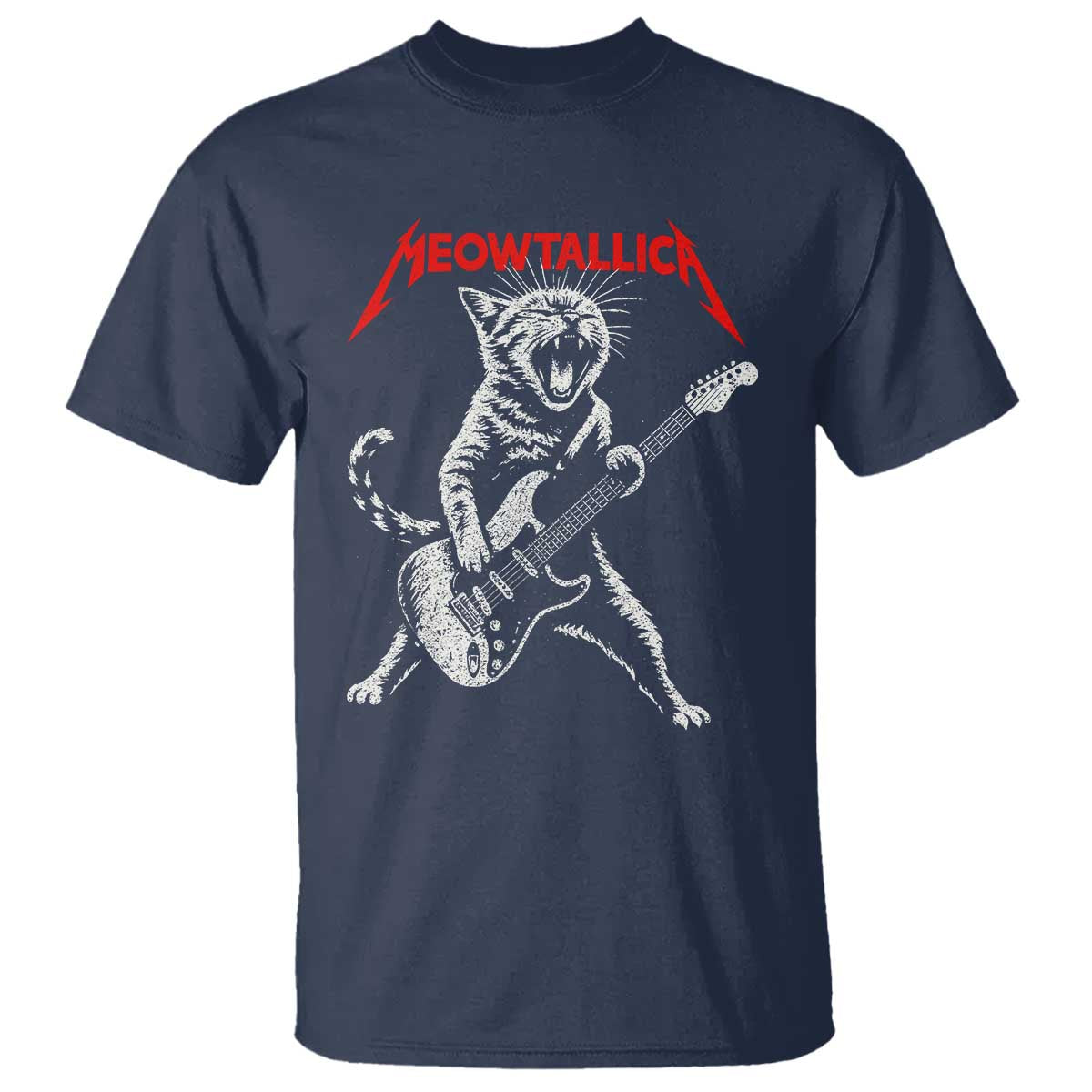 Funny Cat Playing Guitar T Shirt Vintage 90s Classic Rock Star Cat Graphic Rock and Roll TS10 Navy Print Your Wear