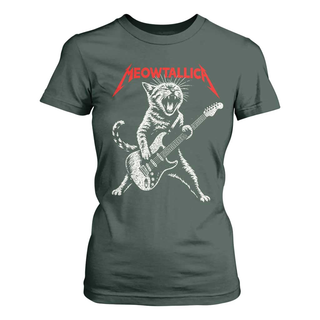 Funny Cat Playing Guitar T Shirt For Women Vintage 90s Classic Rock Star Cat Graphic Rock and Roll TS10 Dark Forest Green Print Your Wear