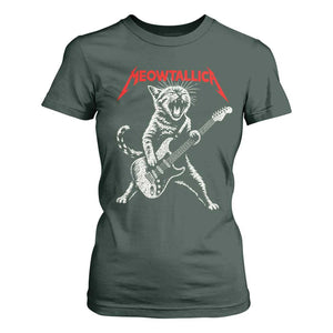 Funny Cat Playing Guitar T Shirt For Women Vintage 90s Classic Rock Star Cat Graphic Rock and Roll TS10 Dark Forest Green Print Your Wear